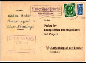 1953, Landpost Stpl. UNTERMAGERBEIN über Nördlingen auf Karte m. 10 Pf.