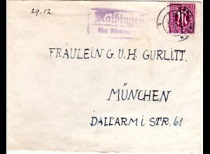 1946, Landpost Stpl. MAIHINGEN über Nördlingen auf Brief m. 12 Pf.