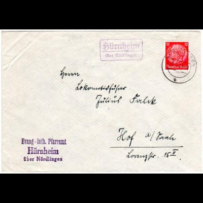 1939, Landpost Stpl. HÜRNHEIM über Nördlingen auf Pfarramts Brief m. 12 Pf.