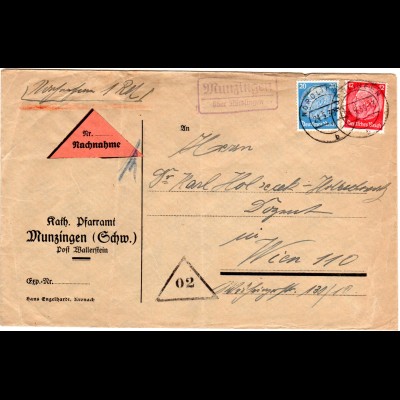 1939, Landpost Stpl. MUNZINGEN über Nördlingen auf Nachnahme Brief m. 12+20 Pf.