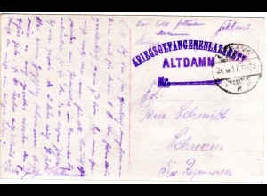 DR 1917, KGF POW Karte v. Kriegsgefangenenlazarett Altdamm n. Schwerin