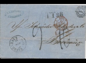 Dänemark 1863, Brief v. Kopenhagen m. 2 versch. Frankreich Porto Stempeln. #2087