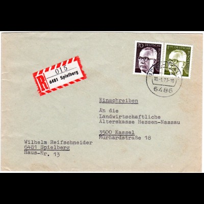 BRD 1972, 2 Marken auf 6481 SPIELBERG Einschreiben Brief v. BRACHTTAL