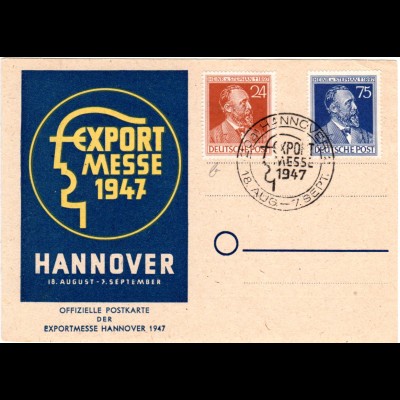 1947, Exportmesse Hannover Sonderkarte m. entsprechendem Sonderstempel