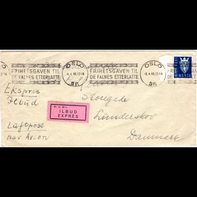 Norwegen 1946, EF 1 1/2 Kr. auf Eilboten Brief m. Oslo Maschinenstempel n. DK