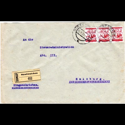 Österreich 1928, MeF 3er-Streifen 15 G. auf Einschreiben Brief v. STRASSWALCHEN