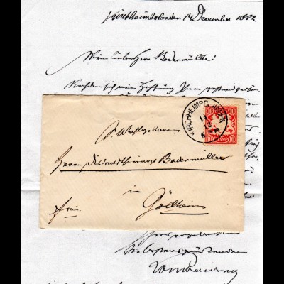 Bayern 1882, Pfalz-K1 KIRCHHEIMBOLANDEN auf schönem kl. Brief n. Göllheim