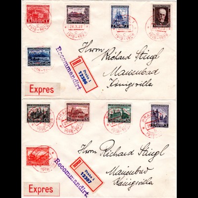Tschechoslowakei 1928, 10 Jahre Republik, alle 10 Werte kpl. auf 2 Reko Briefen