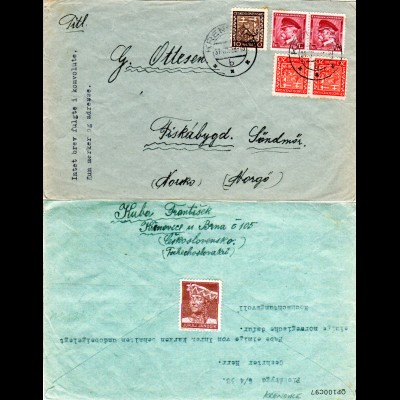 Tschechoslowakei 1938, 5 Marken auf Brief v. KRENOVICE n. Fiskabygd, Norwegen