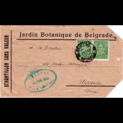Jugoslawien 1933, 2x50 P. auf Briefteil Muster ohne Wert v. Beograd n. Schweden