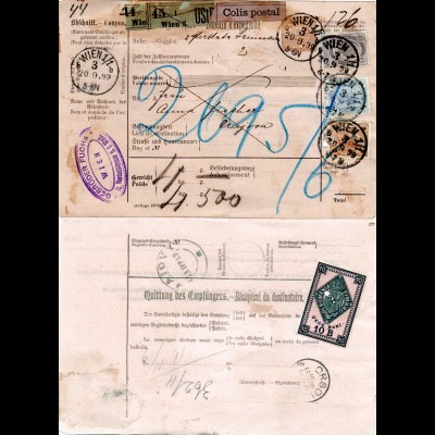 Österreich 1899, 2+24 Kr.+1 G. auf Paketkarte v. Wien m. Rumänien Steuermarke 