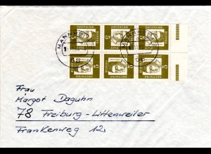BRD 1966, Kehrdruck 6er-Block 5 Pf. m. Bogenrand auf Brief v. Mannheim