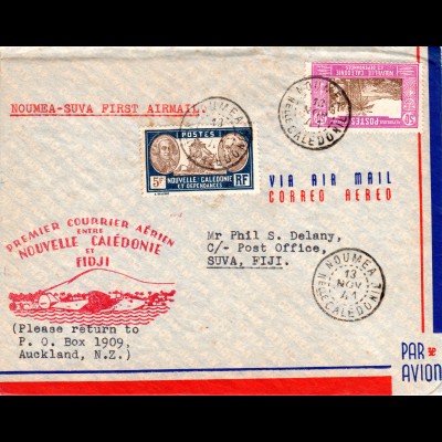 Nouvelle Caledonie 1941, Erstflug Brief NOUMEA-SUVA Fiji Inseln
