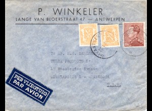 Belgien 1946, 10 Fr.+2x25 C. auf Luftpost Brief v. Antwerpen n. USA