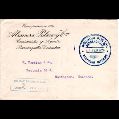 Kolumbien 1926, No Hay Estampillas Pago..., Franco-Stpl. Brief v. BARRANQUILLA