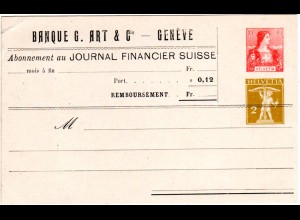 Schweiz, ungebr. 2+10 C. Privat Ganzsache Banque G.Art&Cie-Geneve