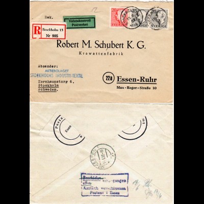 Schweden 1952, 3 Marken auf Reko Brief m. amtlichem Briefverschluss v. ESSEN