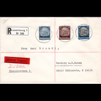 Luxemburg 1941, 4+10+80 Pf. portorichtig auf Reko Express Brief m. Ankunftstpl.