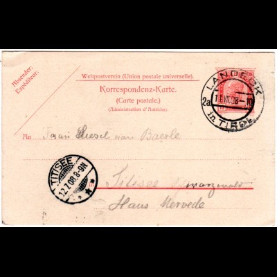 Österreich 1908, 10 H. Ganzsache mit klarem Tirol-Stpl. LANDECK 