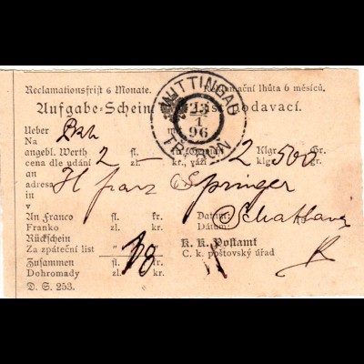 Österreich 1896, Böhmen-K2 WITTINGAU klar auf Postschein