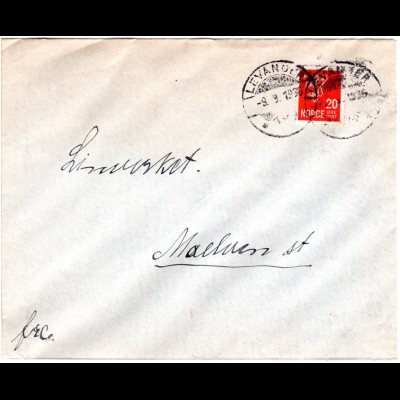Norwegen 1936, 20 öre auf Brief m. aptiertem LEVANGER TUR Stempel