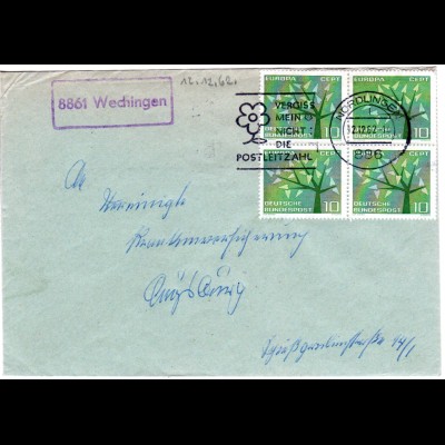 BRD 1962, Landpost Stpl. 8861 WECHINGEN auf Brief v. Nördlingen m. 4er-Block