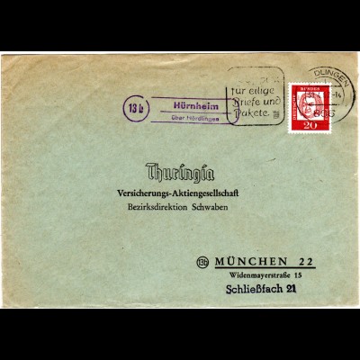 BRD 1962, Landpost Stpl. 13b HÜRNHEIM über Nördlingen auf Brief m. 20 Pf. Bach