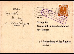 BRD 1953, Landpost Stpl. 13b HEUBERG über Nördlingen auf Karte m. 4 Pf.