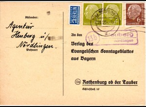 BRD 1954, Landpost Stpl. 13b HEUBERG über Nördlingen auf Karte m. 2+2+6 Pf.