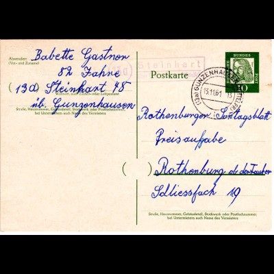 BRD 1961, Landpost Stpl. 13a STEINHART über Gunzenhausen auf 10 Pf. Ganzsache