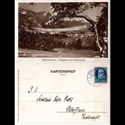 Bayern 1920, 20 Pf. auf Kartenbrief m. Abb. Partenkirchen u. Zugspitze