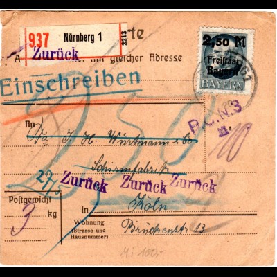 Bayern 1920, EF 2,50/2 Mk. auf Einschreiben Retour Paketkarte Nürnberg - Köln