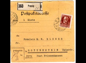 Bayern 1918, EF 50 Pf. auf Paketkarte v. PRESSIG n. Rottenstein UFr.