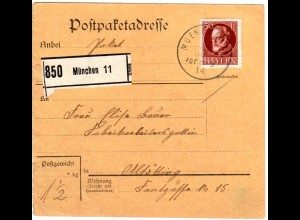 Bayern 1914, EF 50 Pf. Friedensdruck auf Paketkarte v. München 11 n. Altötting