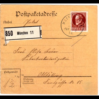 Bayern 1914, EF 50 Pf. Friedensdruck auf Paketkarte v. München 11 n. Altötting