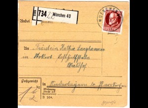 Bayern 1914, EF 50 Pf. Friedensdruck auf Paketkarte v. München 40. Geprüft