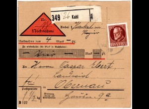 Bayern 1919, EF 50 Pf. auf Nachnahme Paketkarte v. KAHL