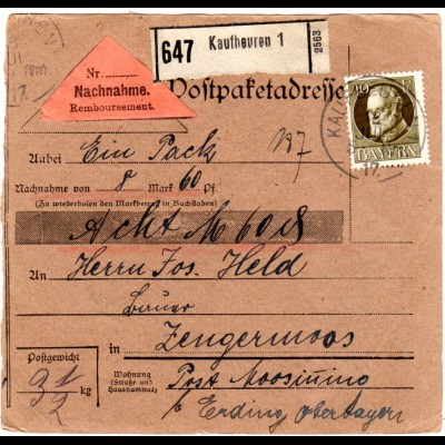 Bayern 1917, EF 40 Pf. auf Nachnahme Paketkarte v. KAUFBEUREN