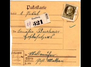 Bayern 1918, EF 40 Pf. auf Paketkarte v. SAULBURG