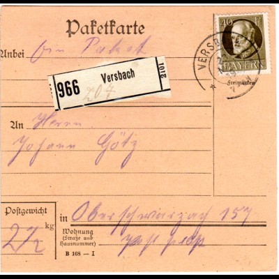 Bayern 1919, EF 40 Pf. auf Paketkarte v. VERSBACH n. Oberschwarzach