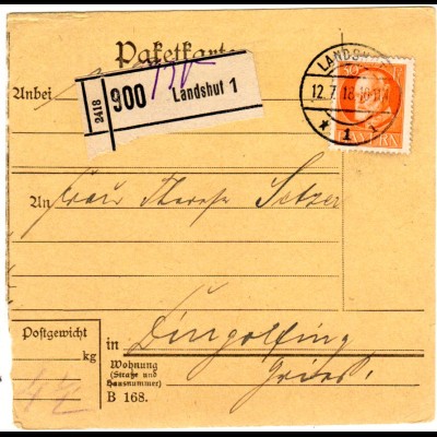 Bayern 1918, EF 30 Pf. auf Paketkarte v. LANDSHUT n. Dingolfing