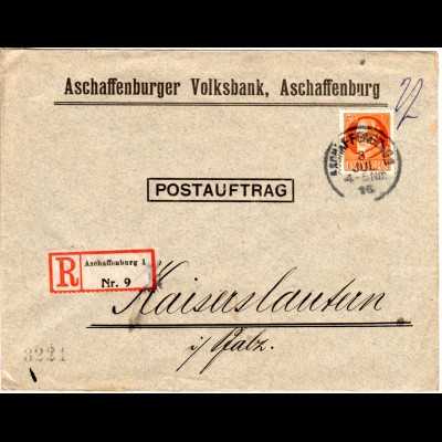 Bayern 1916, EF 30 Pf. Friedensdruck auf Reko Postauftrag v. ASCHAFFENBURG