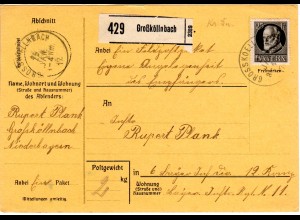 Bayern 1917, EF 25 Pf. auf Paketkarte v. GROSSKÖLLNBACH