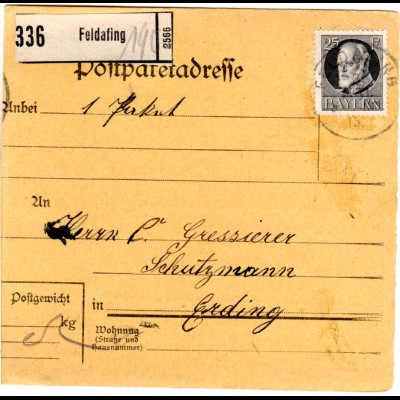 Bayern 1915, EF 25 Pf. Friedensdruck auf Feldpost Paketkarte v. POSTAU. Geprüft