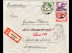 DR 1936, 6+12+40Pf. Olympiade auf Einschreiben Brief v. Göppingen n. Argentinien