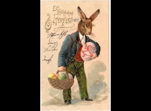 Frohes Osterfest m. Hase u. Eiern, 1905 gebr. Präge-Farb-AK