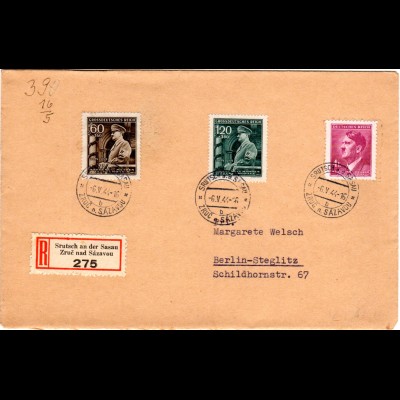 Böhmen u. Mähren 1944, 3 Marken auf Einschreiben Brief v. Srutsch a.d. Sasau