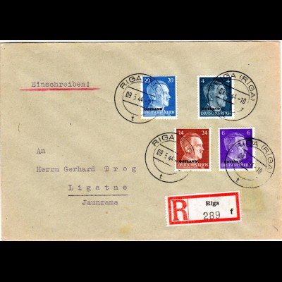 Ostland 1944, 4 Marken auf portorichtigem Einschreiben Brief v. Riga n. Ligatune