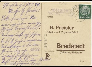 DR 1941, Pfahlberg über Eichstätt, Landpoststellen II Stpl. auf Karte m. 6 Pf.