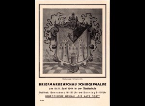 Briefmarkenschau Schirgiswalde 1944, ungebr. sw-AK m. Stadtwappen